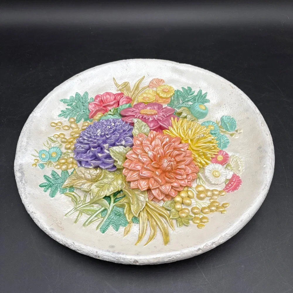 Vtg 3D Chalkware Floral Wall Plaque Dahlias Botanical Decor Cottagecore